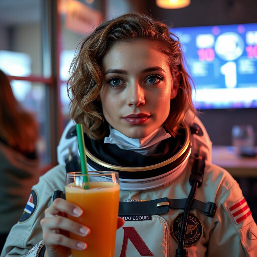 Cosmic Explorer in Space Suit with Celestial Beverage