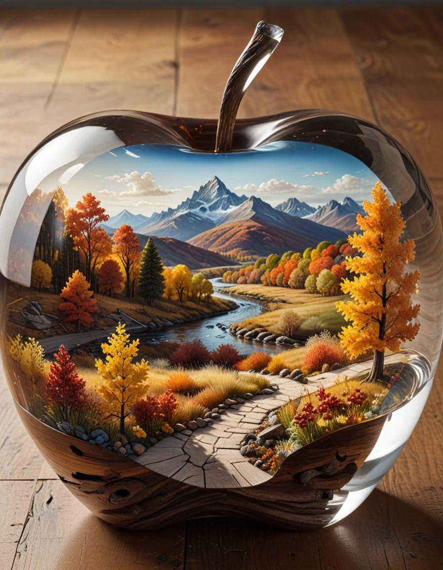 Autumn Landscape Glass Sculpture in Rustic Wooden Setting