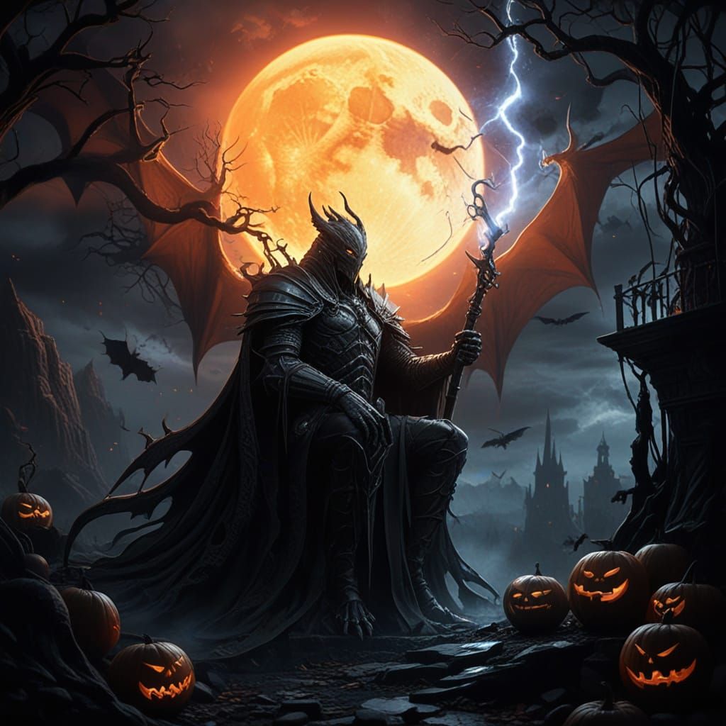 Dark Fantasy Dragon in Pumpkin Patch with Moody Lighting