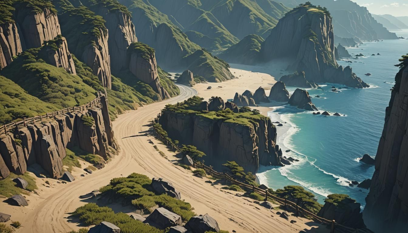 Ukiyo-e Road Through Cliffs, Sandy Beach