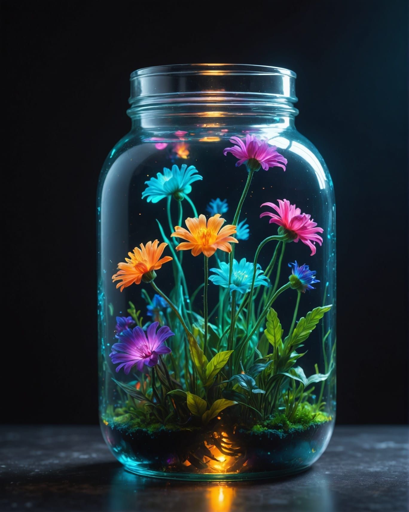 Glowing Neon Flowers in Glass Jar: Bioluminescent Art