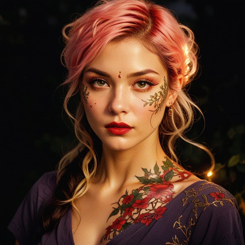 Enchanted Moonlit Siren with Botanic Tattoos in a Stormy Nig...