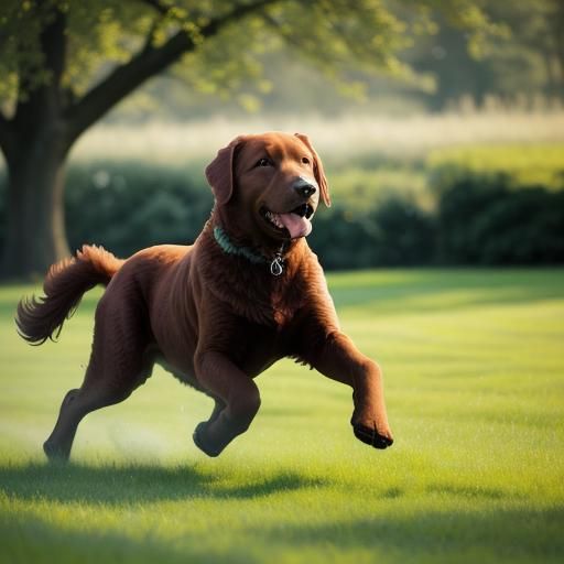Chesapeake Bay Retriever Runs in Green Field