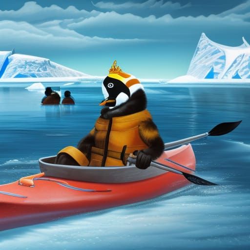 Emperor Penguin Kayaking in Antarctica: Fantasy Concept Art
