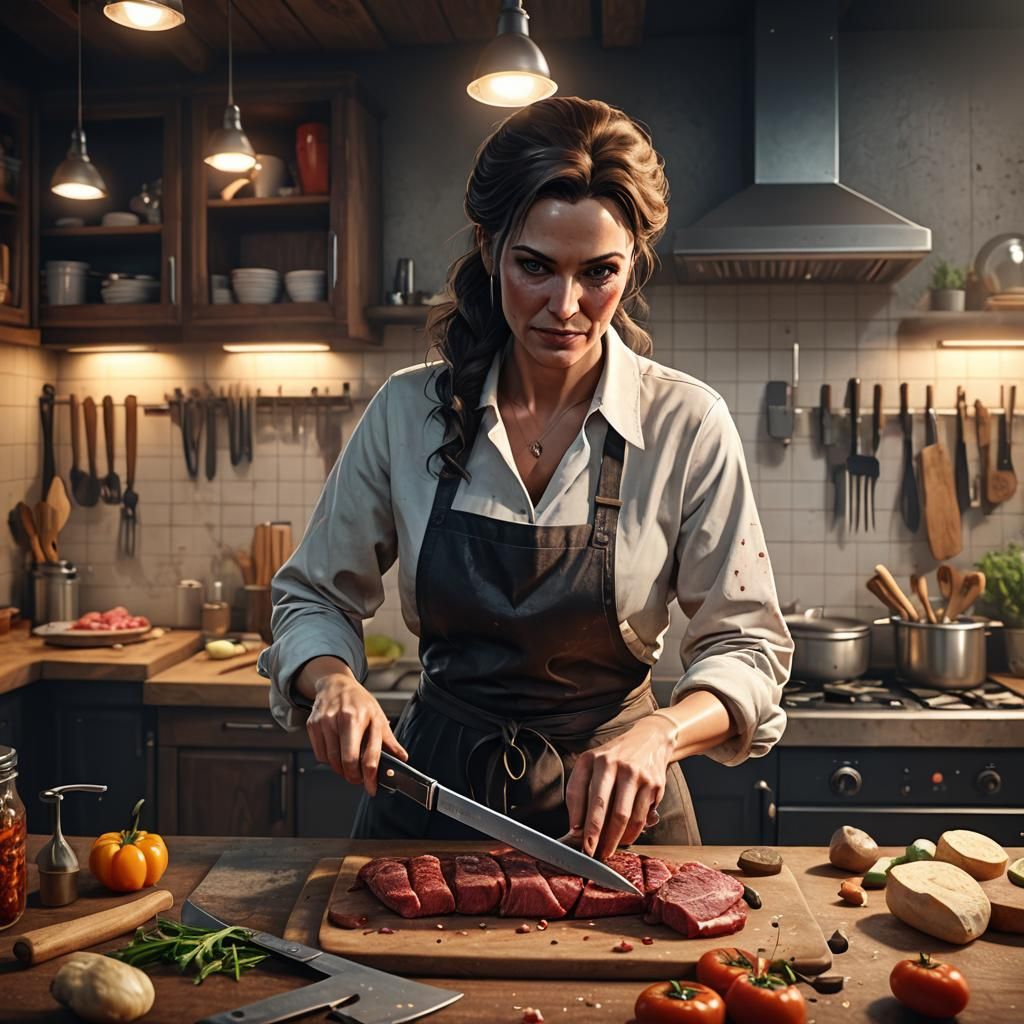 Hyperrealistic 3D Rendering: Woman with Knife in Kitchen