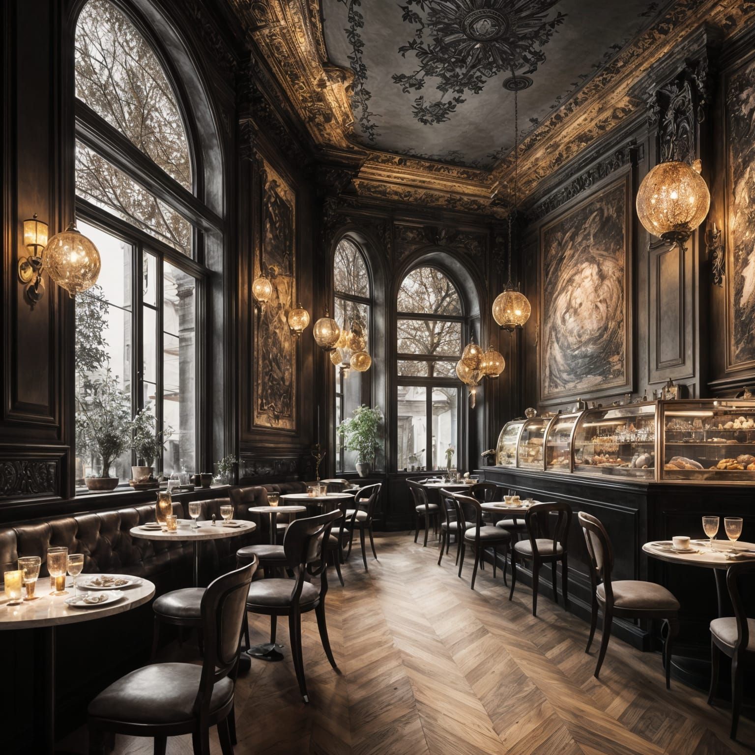 Peaceful Evening Café Scene in Hyperdetailed Charcoal Drawin...