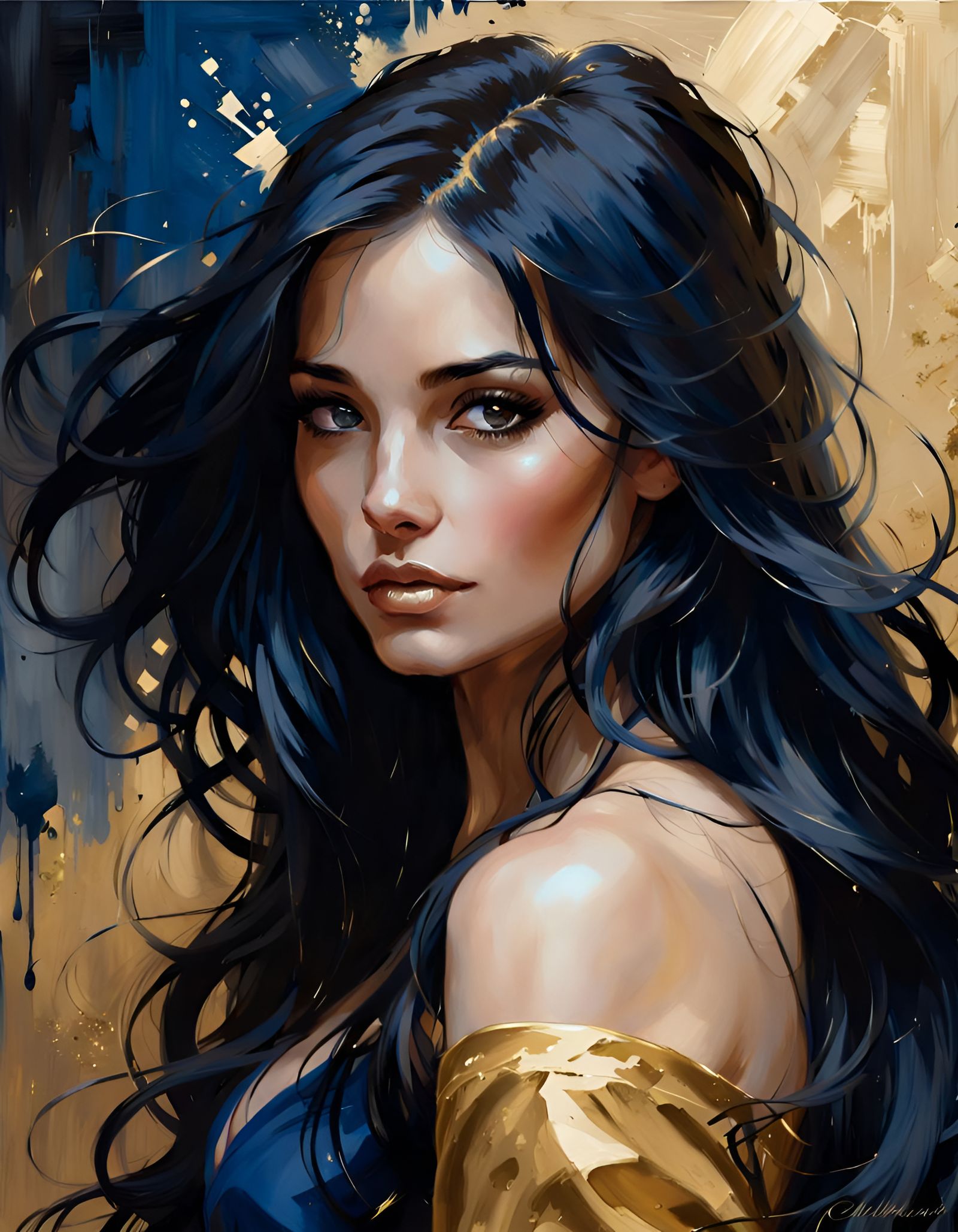 Woman with Long Black Hair in Gold Painting