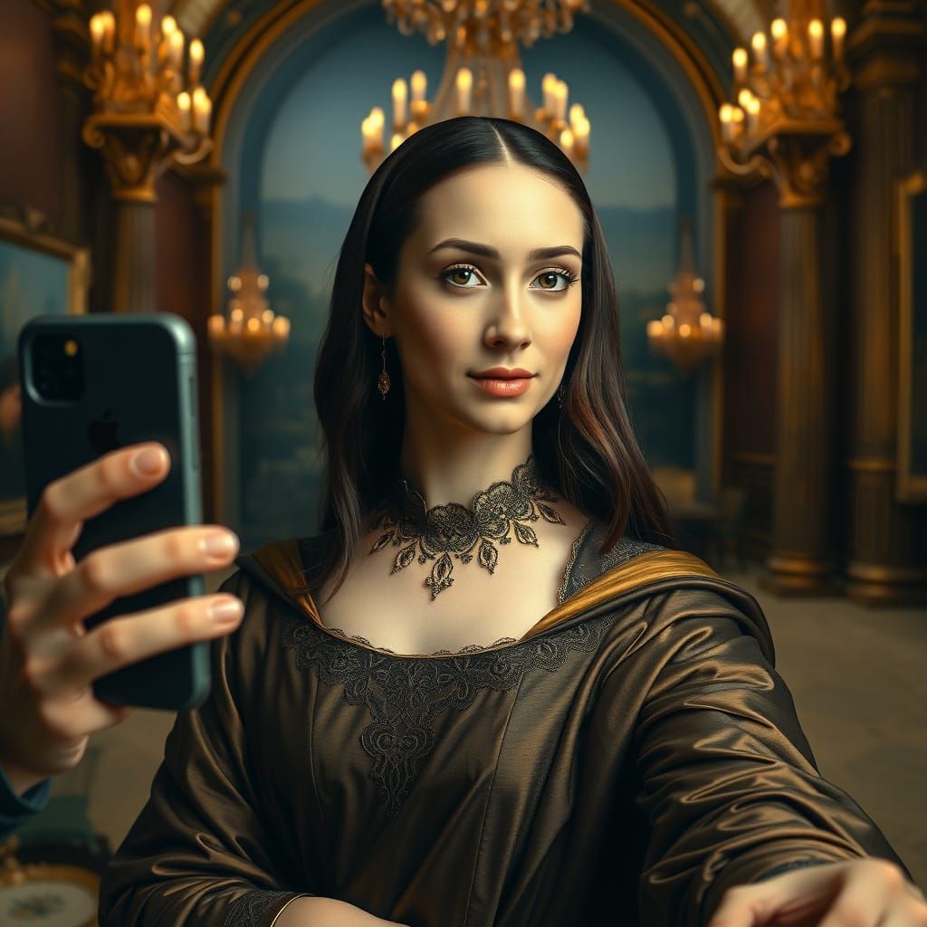 Elegant Renaissance Goddess in Modern Selfie Style