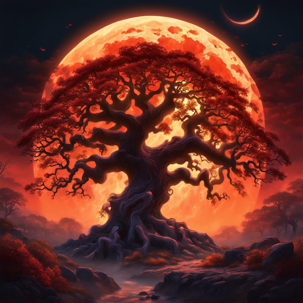 Gnarled Oak Under Blood Moon in Fantasy Style