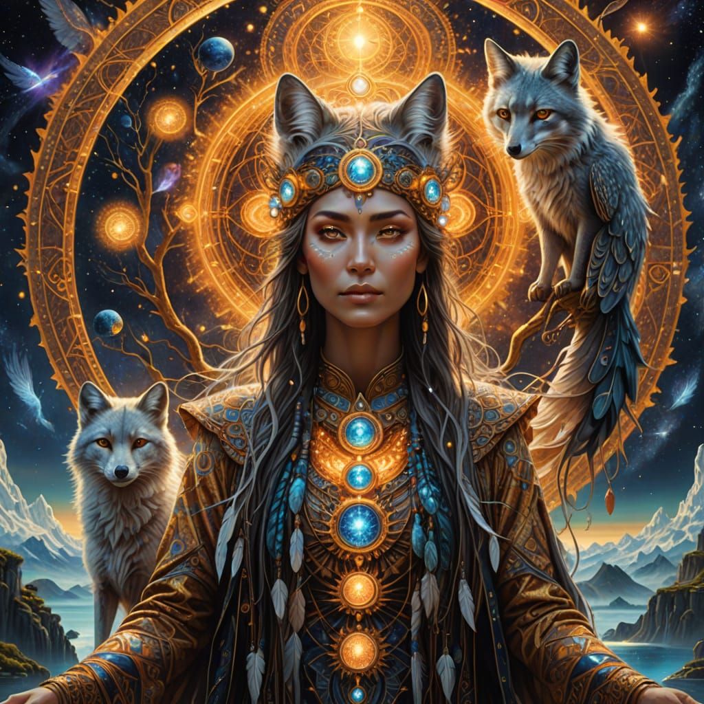 Shaman and Fox on Floating Island in Ethereal Light