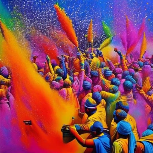 People celebrating Holi, Dhak, Palash, Holi colours, gulal, Indigo, graffiti art, splash art, street art, spray paint, o...