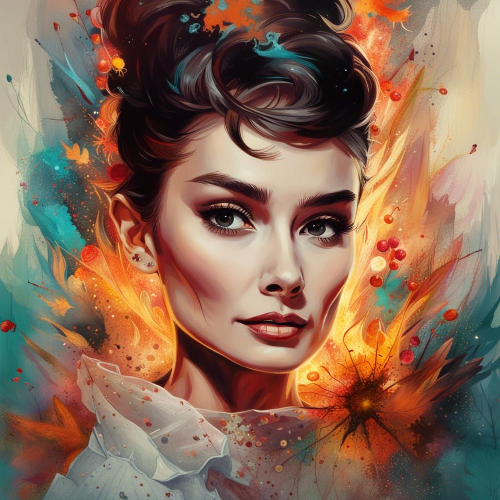 Audrey Hepburn Portrait Surrounded by Flames, Digital Art