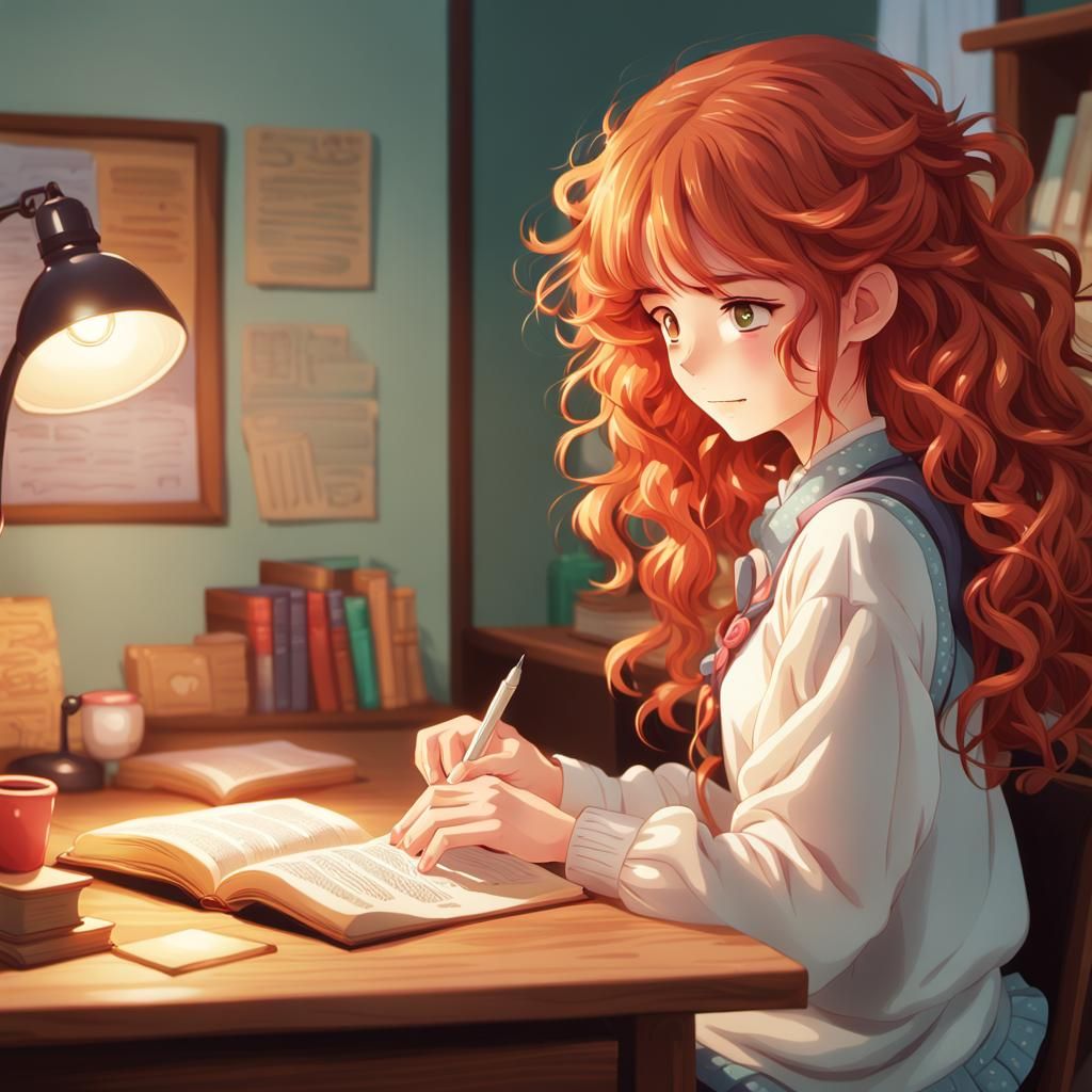 Anime Style Woman Reading Book at Desk