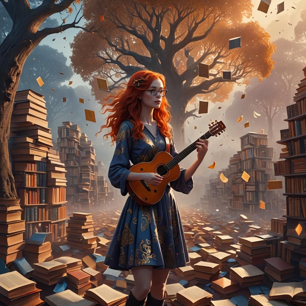 Surreal Brainy Girl Surrounded by Books and Music
