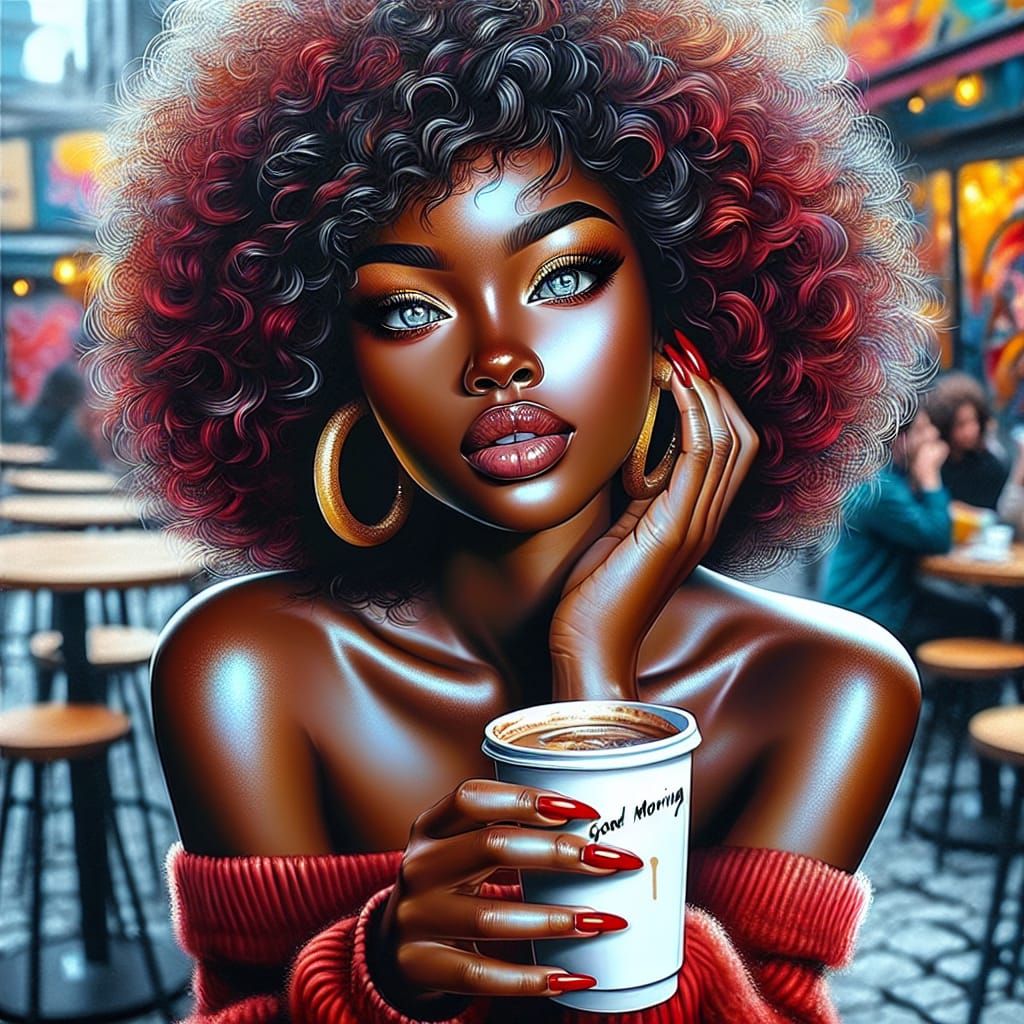 Vibrant Painting of Woman in Coffee Shop
