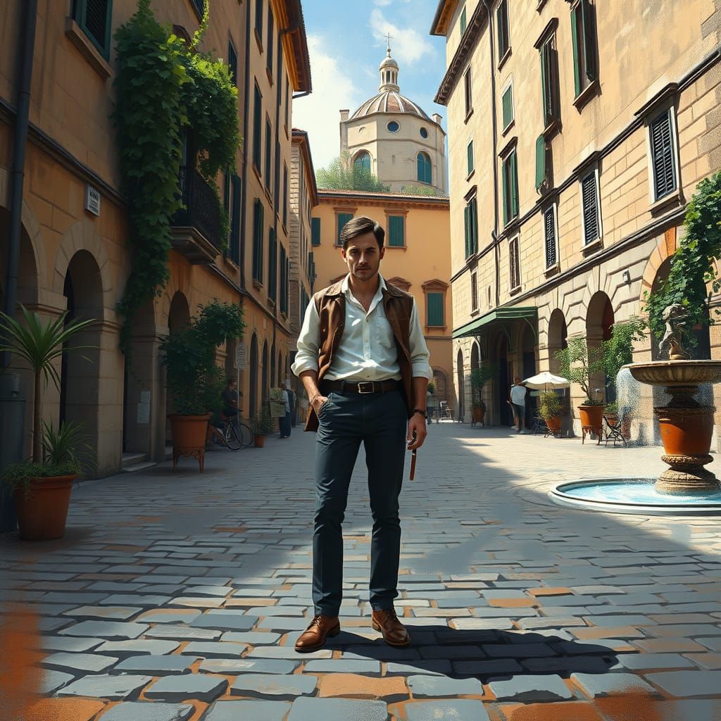 Italian Gentleman in Charming Piazza at Sunset