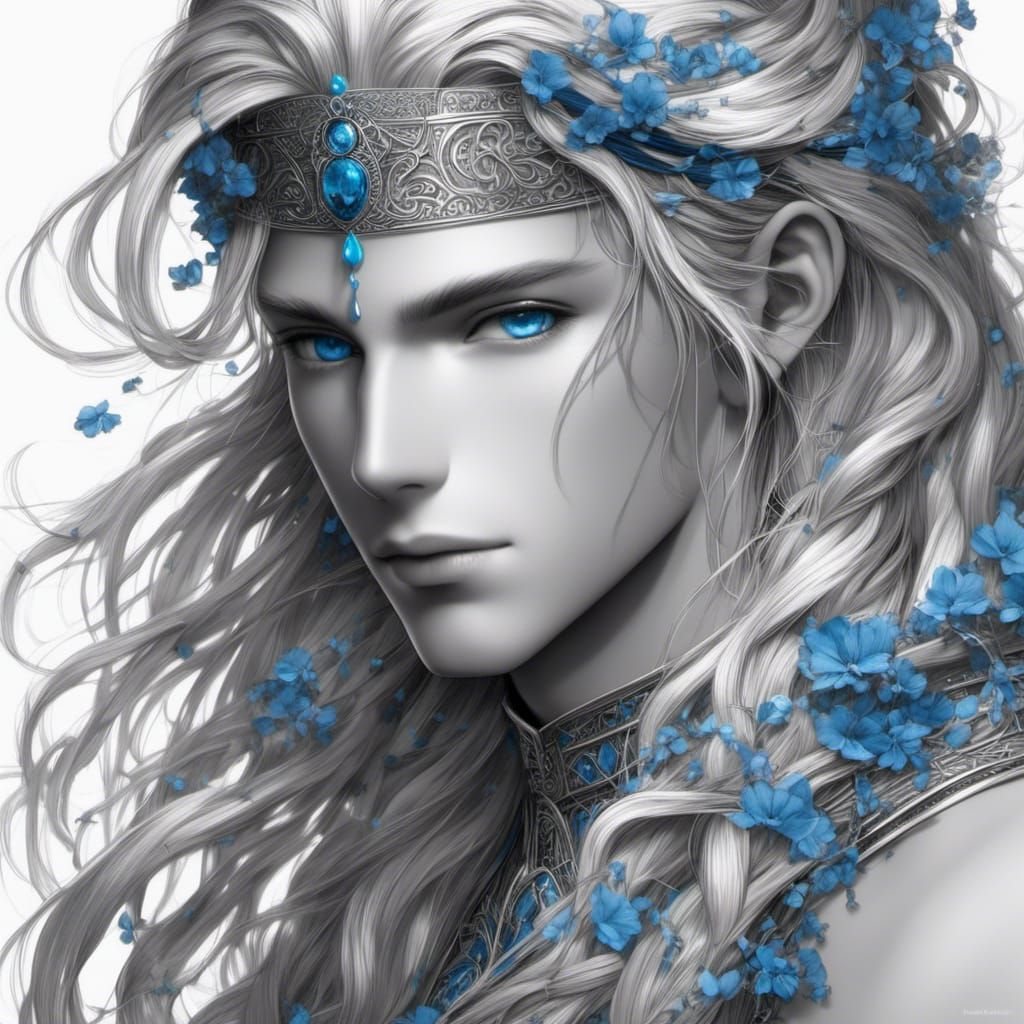Fantasy Prince with Blue Flowers in Selective Color