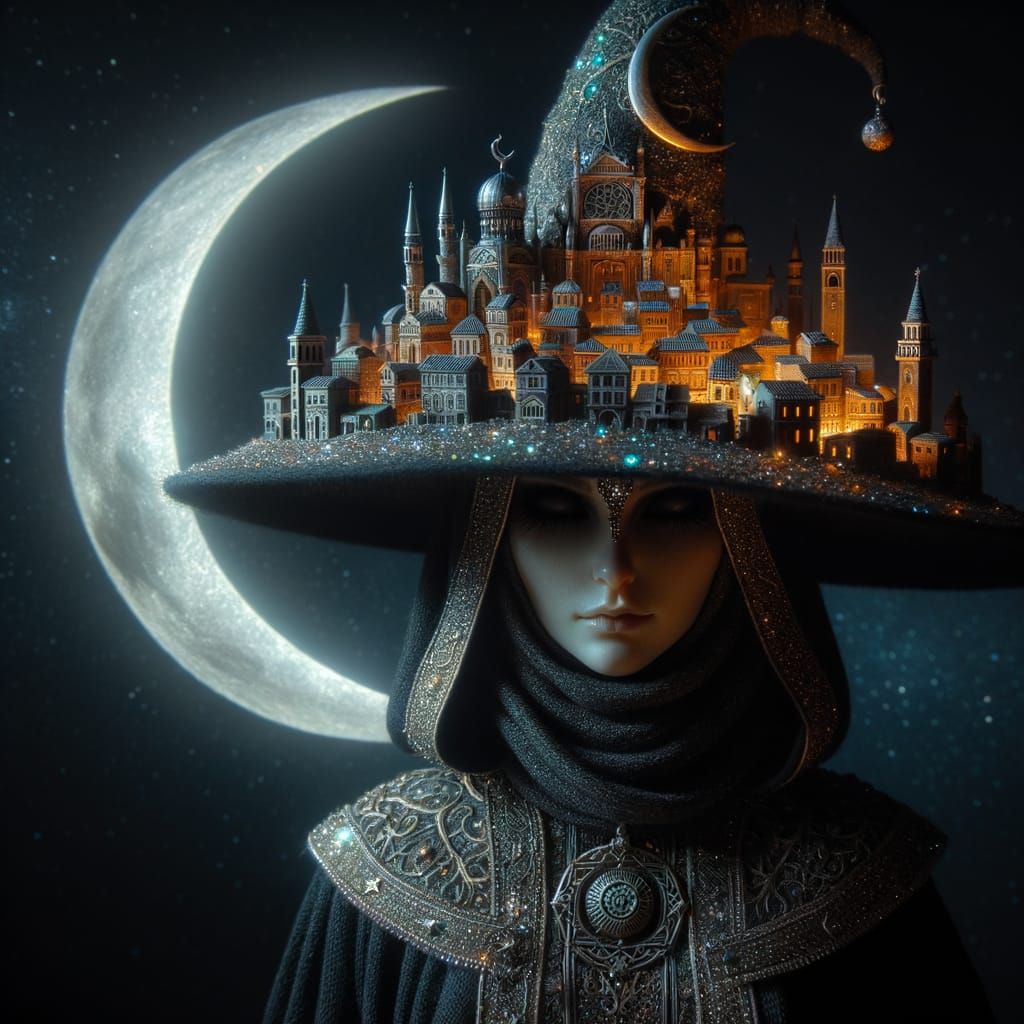 Enchanting Witch with Miniature City Hat Under Moon