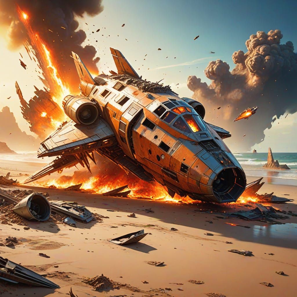 Starship Crash on Beach in Digital Painting Style