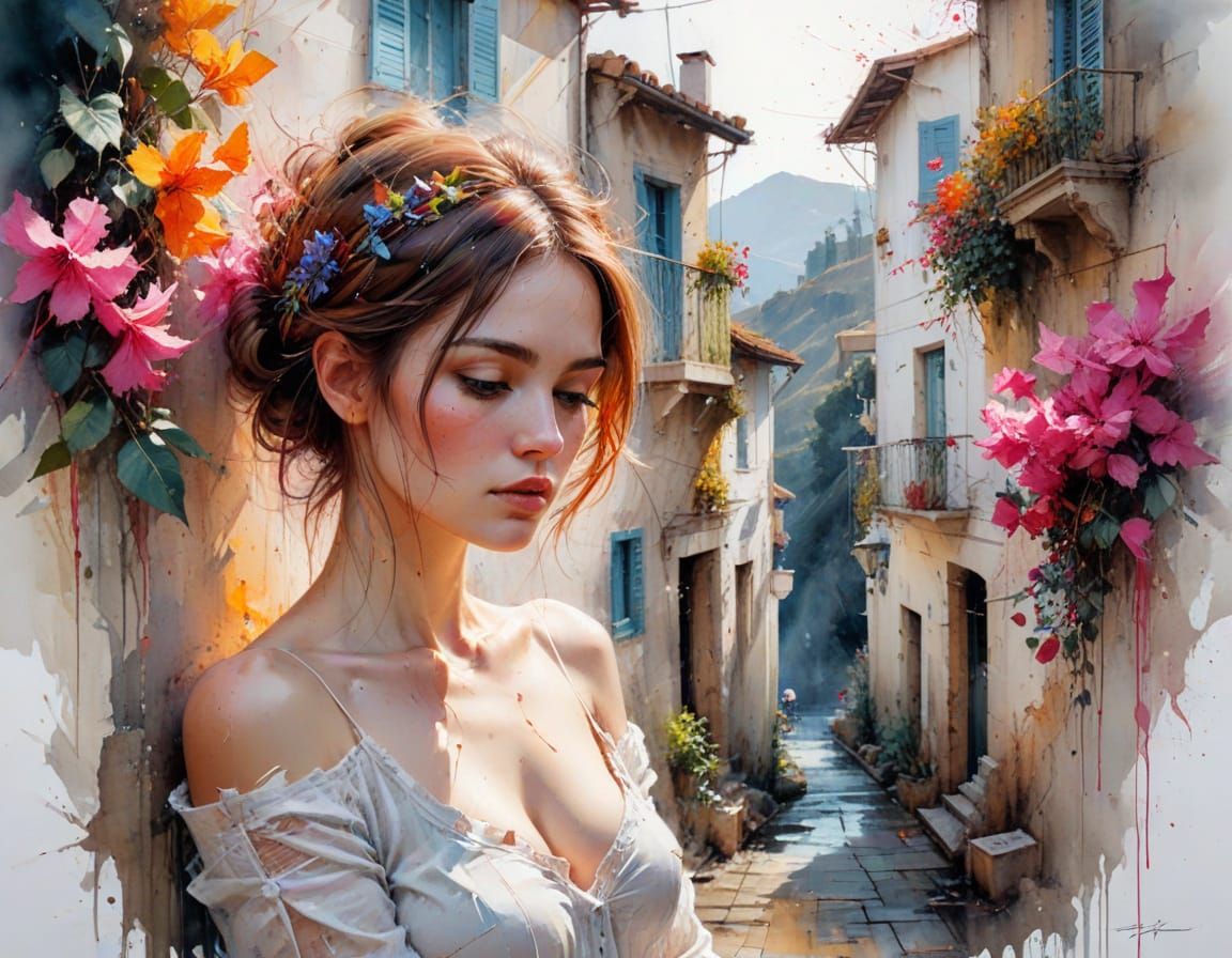 Mediterranean Alleyway in Expressive Watercolor Style