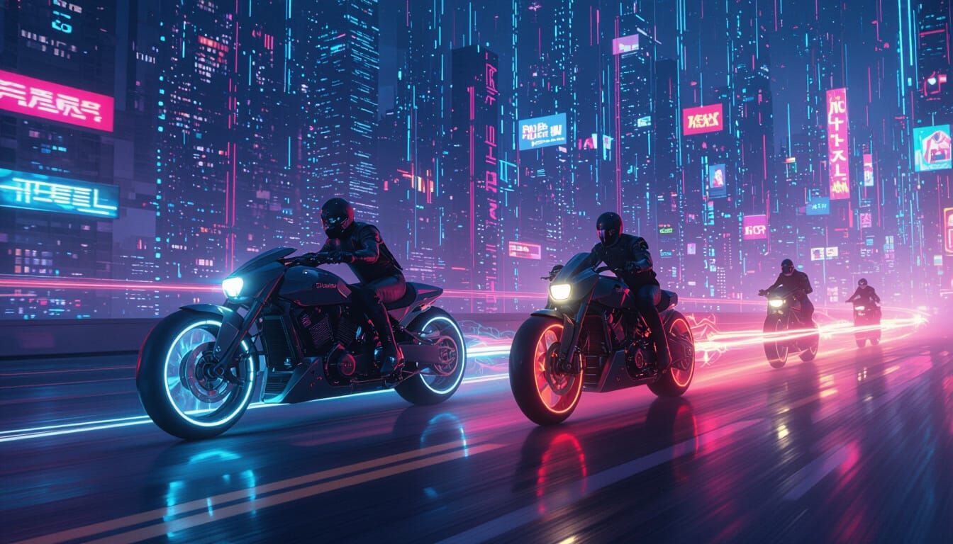 Light Motorcycles Driving Through Digital Canyon in Cyberpun...