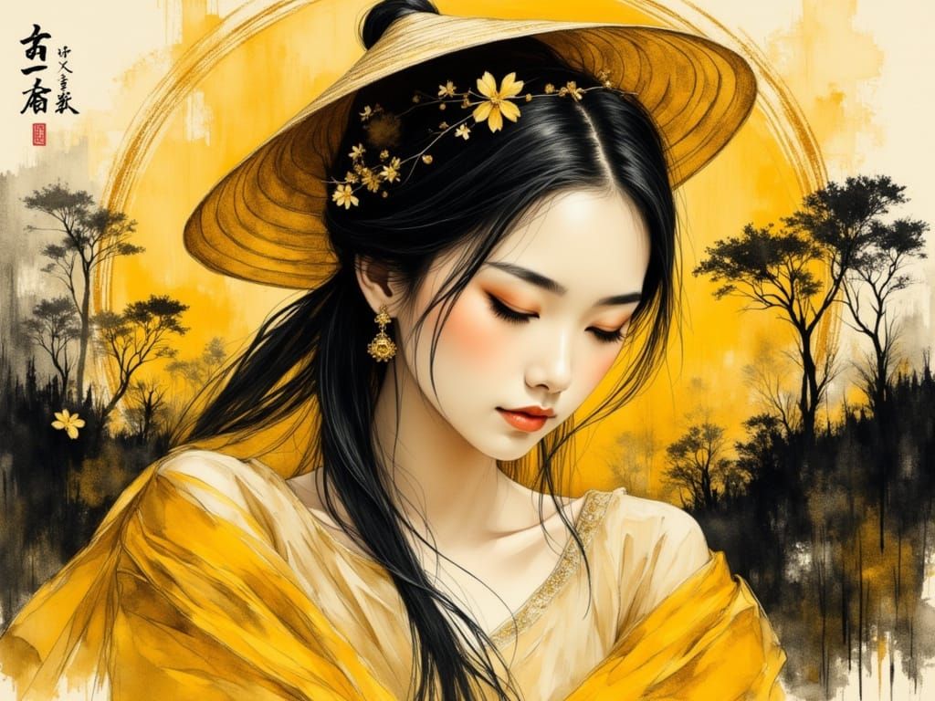 East Asian Woman Portrait in Watercolor Style