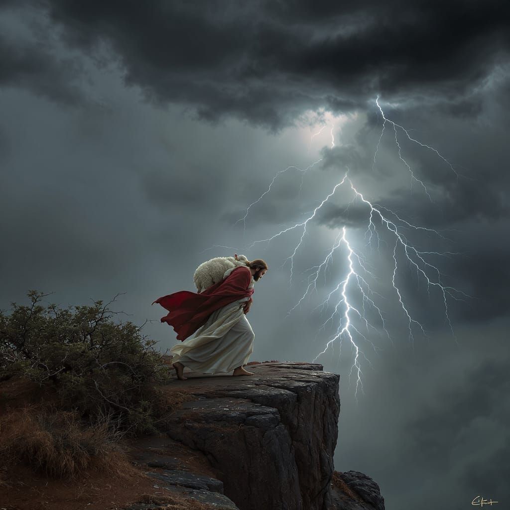 Jesus Carrying Lamb on Cliff Edge in Stormy Sky