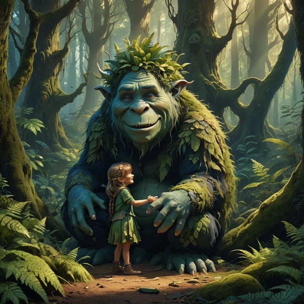 Child Hugging Troll in Mystical Forest Concept Art