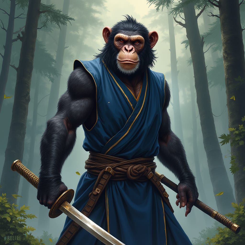 Anthropomorphic Chimpanzee Samurai Warrior in Navy Blue Robe...