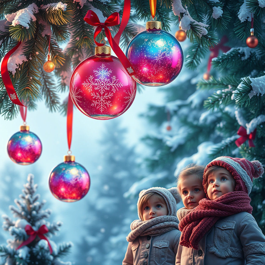 Enchanted Christmas Tree with Children, Digital Matte Painti...