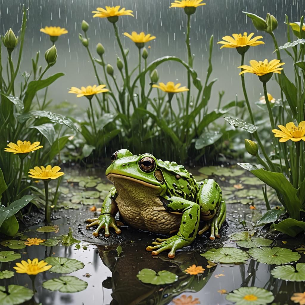 Post-Apocalyptic Frog Gazing at Flower in Rain