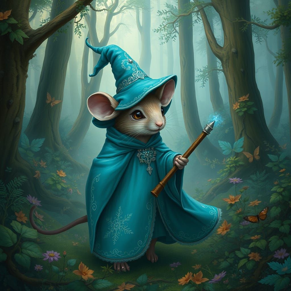 Mouse Wizard in Lush Forest, Ethereal Art