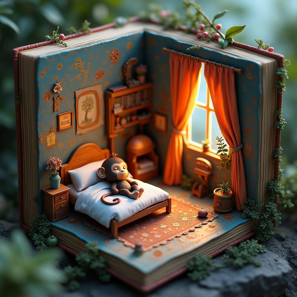 Whimsical Miniature Book Interior with Cozy Rooms and a Peac...