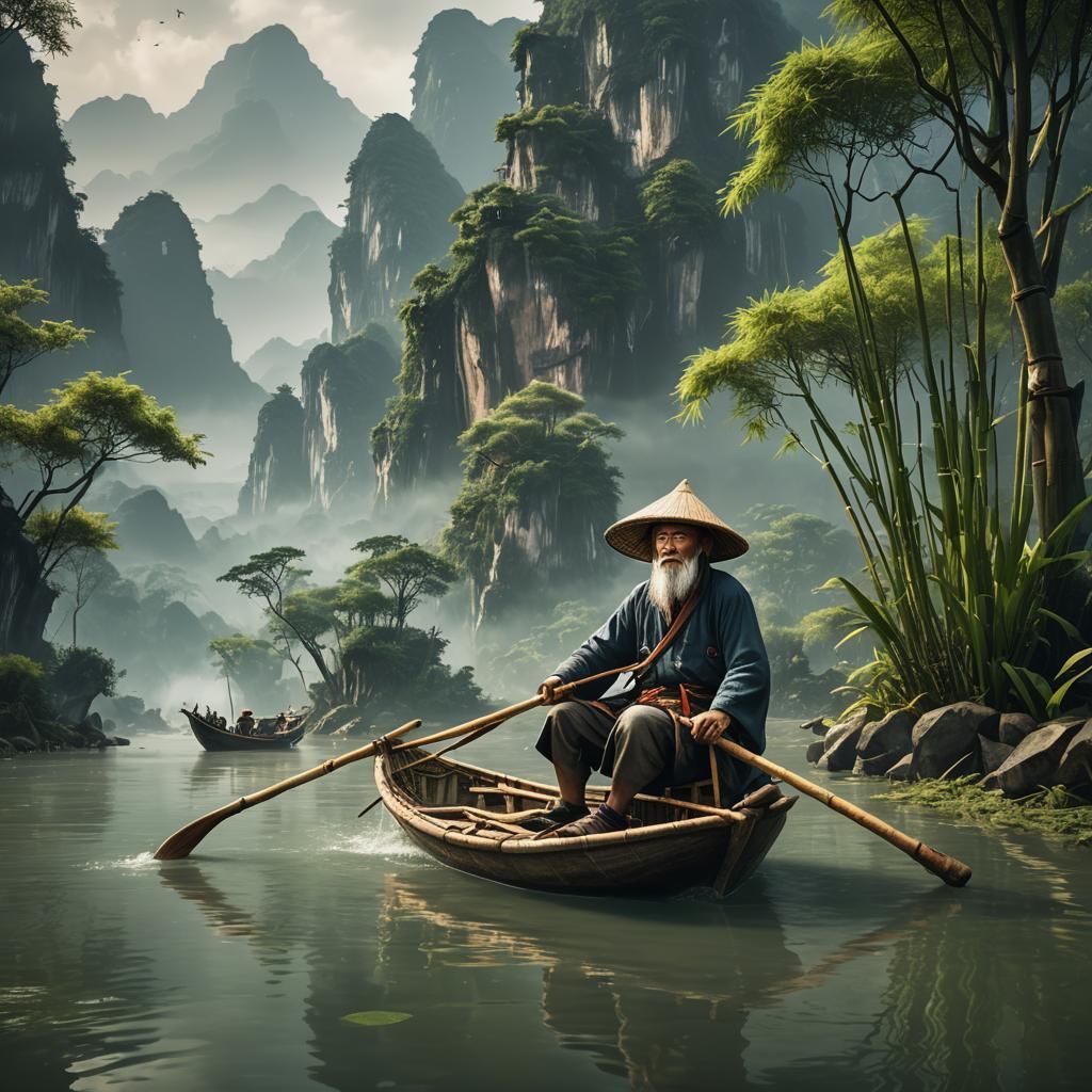 Guilin Fisherman in Misty River, Fantasy Art