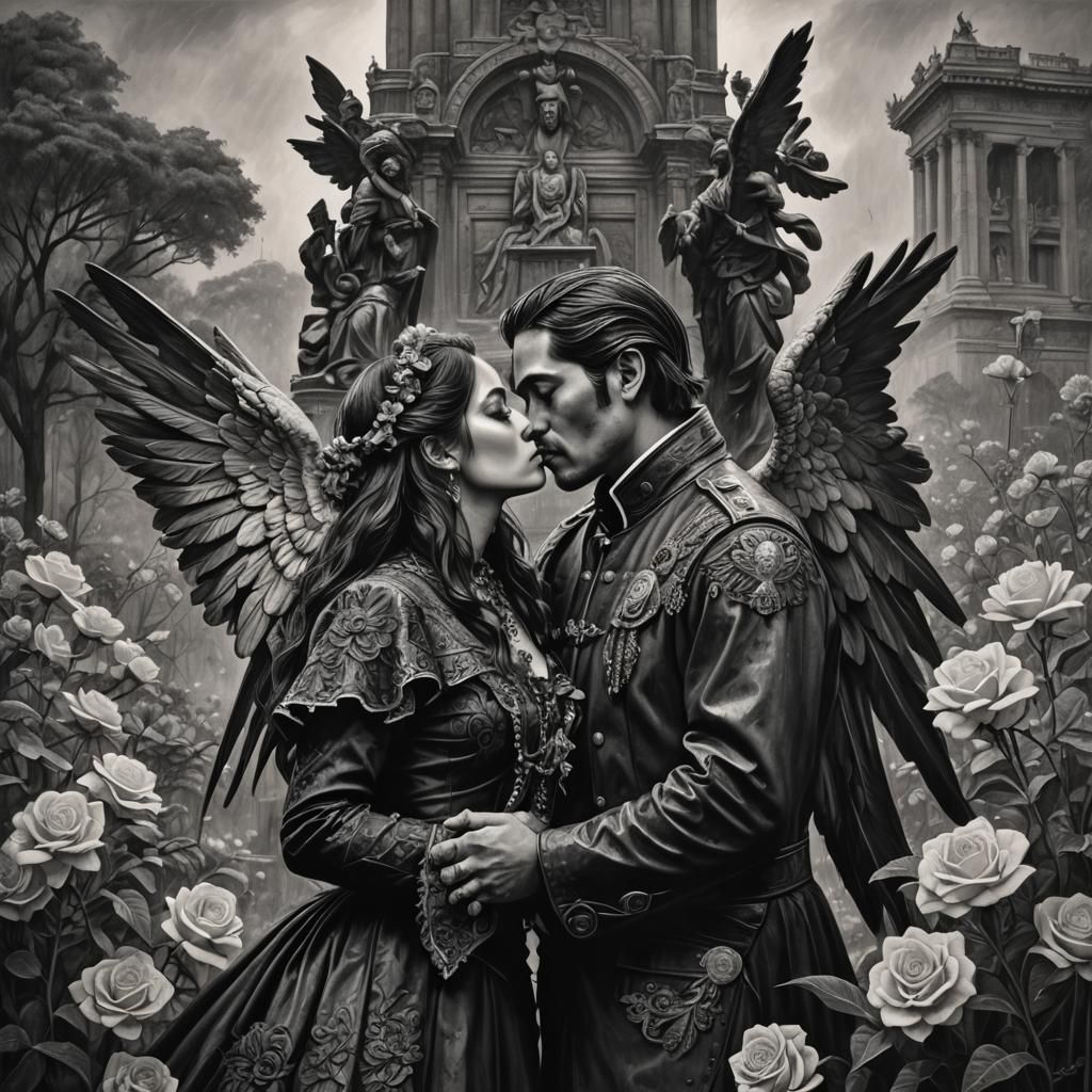 Gothic Mexican Couple Kissing in Rainy Mexico City