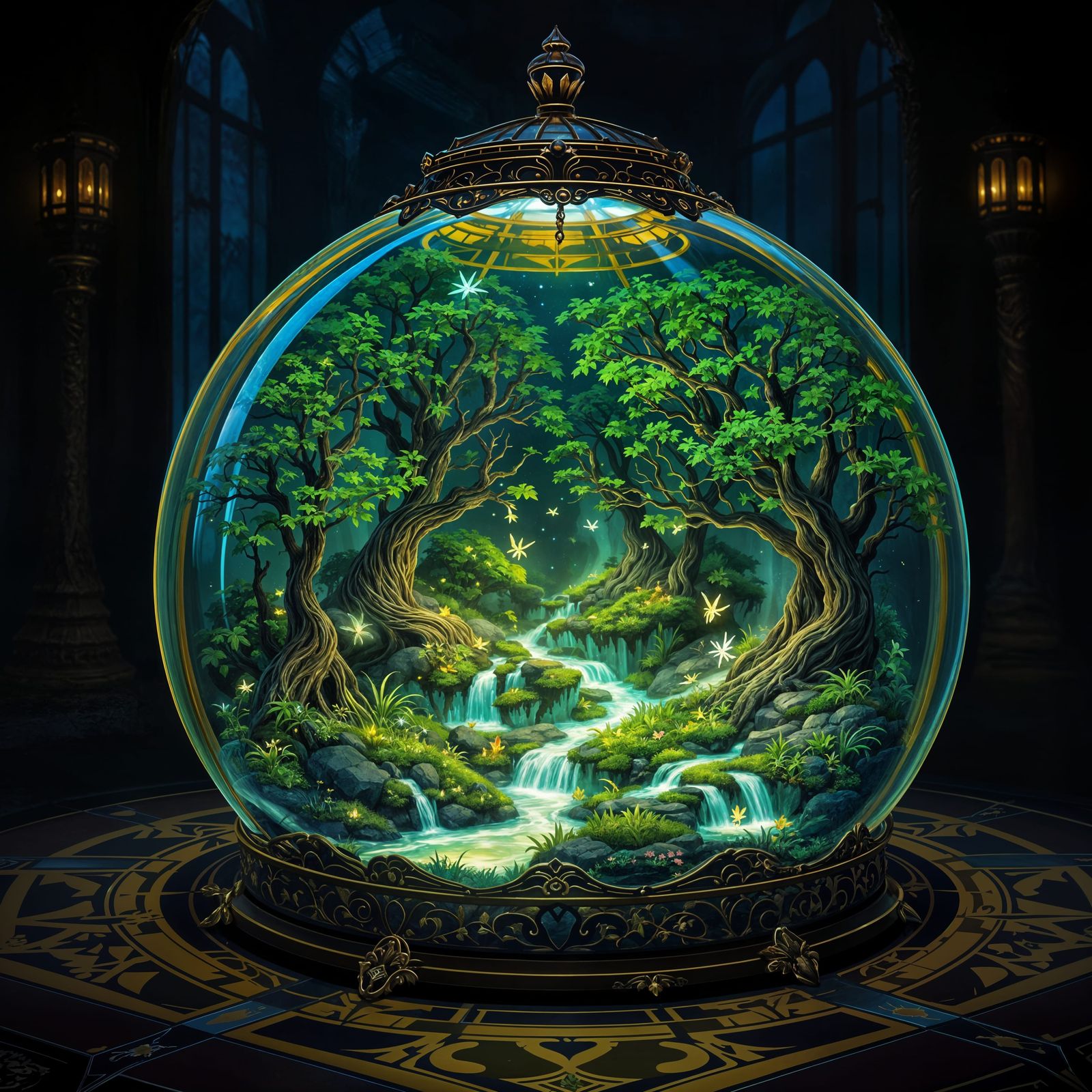 Whimsical Bioluminescent Forest in a Sealed Glass Terrarium