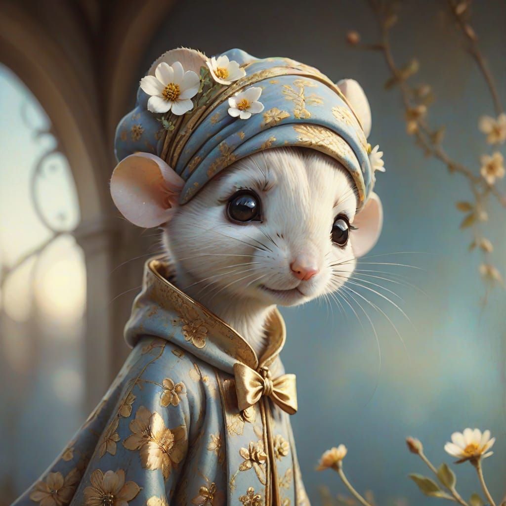 Whimsical Girl Mouse Portrait in Soft Vintage Style