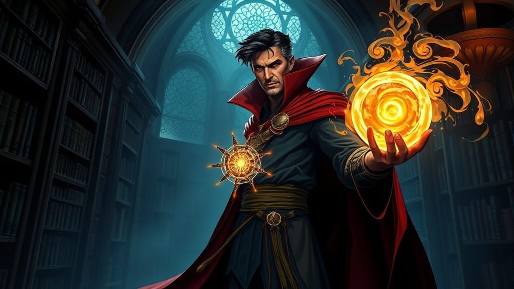 Doctor Strange in Mystical Library, Realistic Style