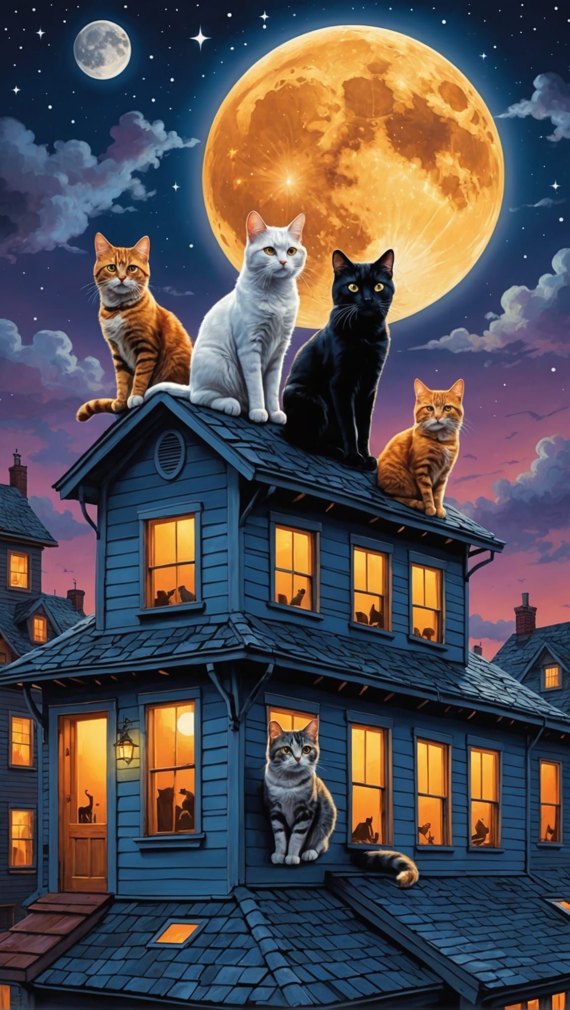 Cats Singing Under Moonlit Sky in Airbrush Painting