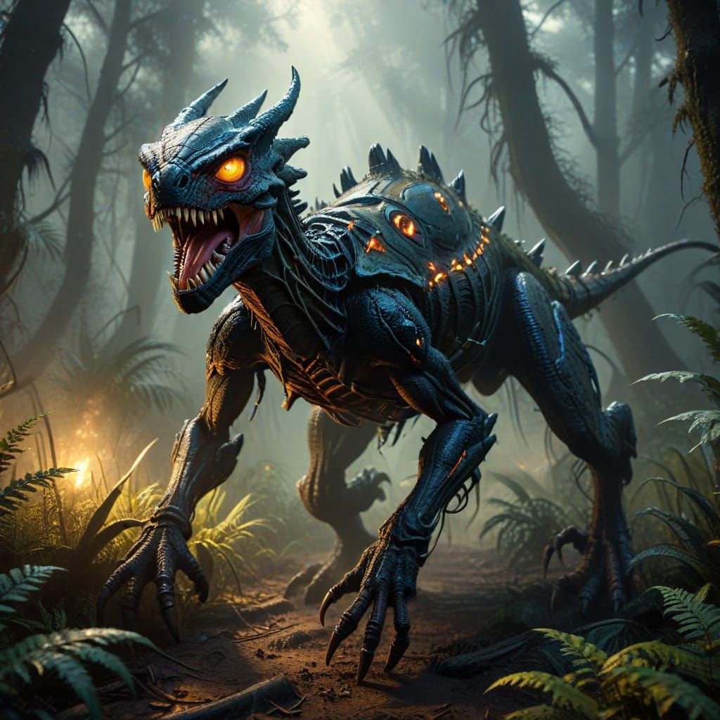 Spider-Rex Dino in Prehistoric Forest, Dark Fantasy Art