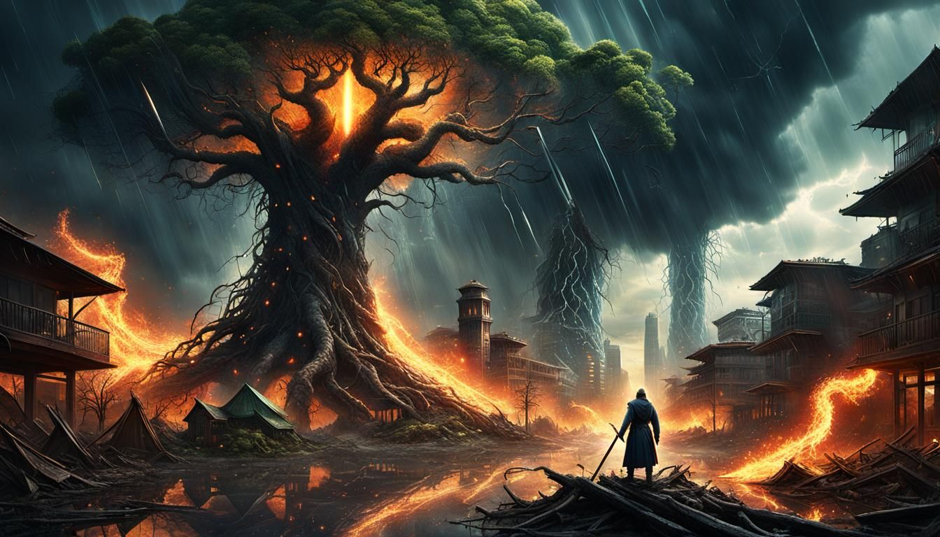 Furious Deity Amidst Destruction and Chaos