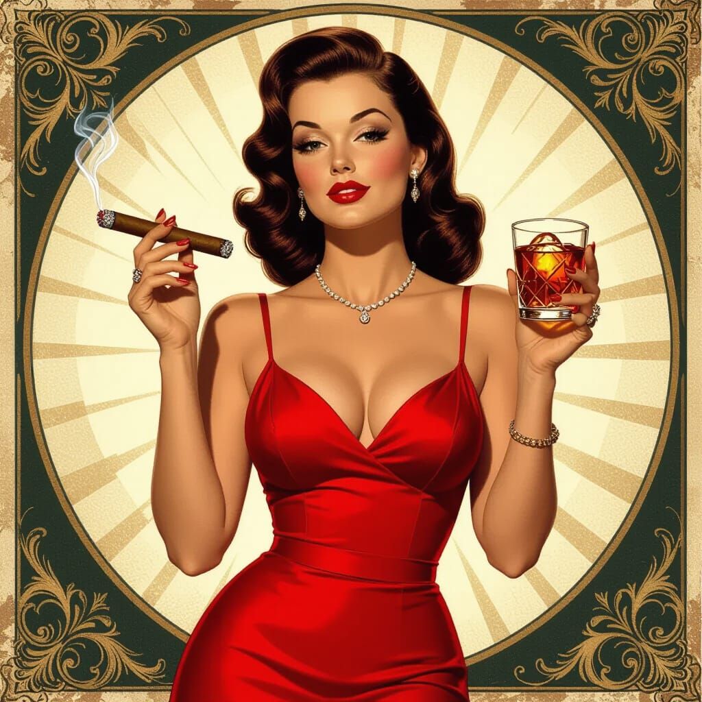 Vintage Pin-Up Girl with Cigar in Realistic Style