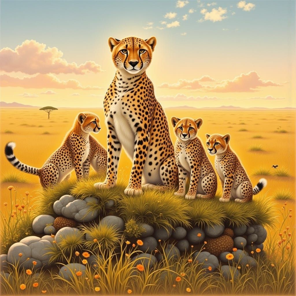 Cheetah Family Portrait in Fairy Tale Style