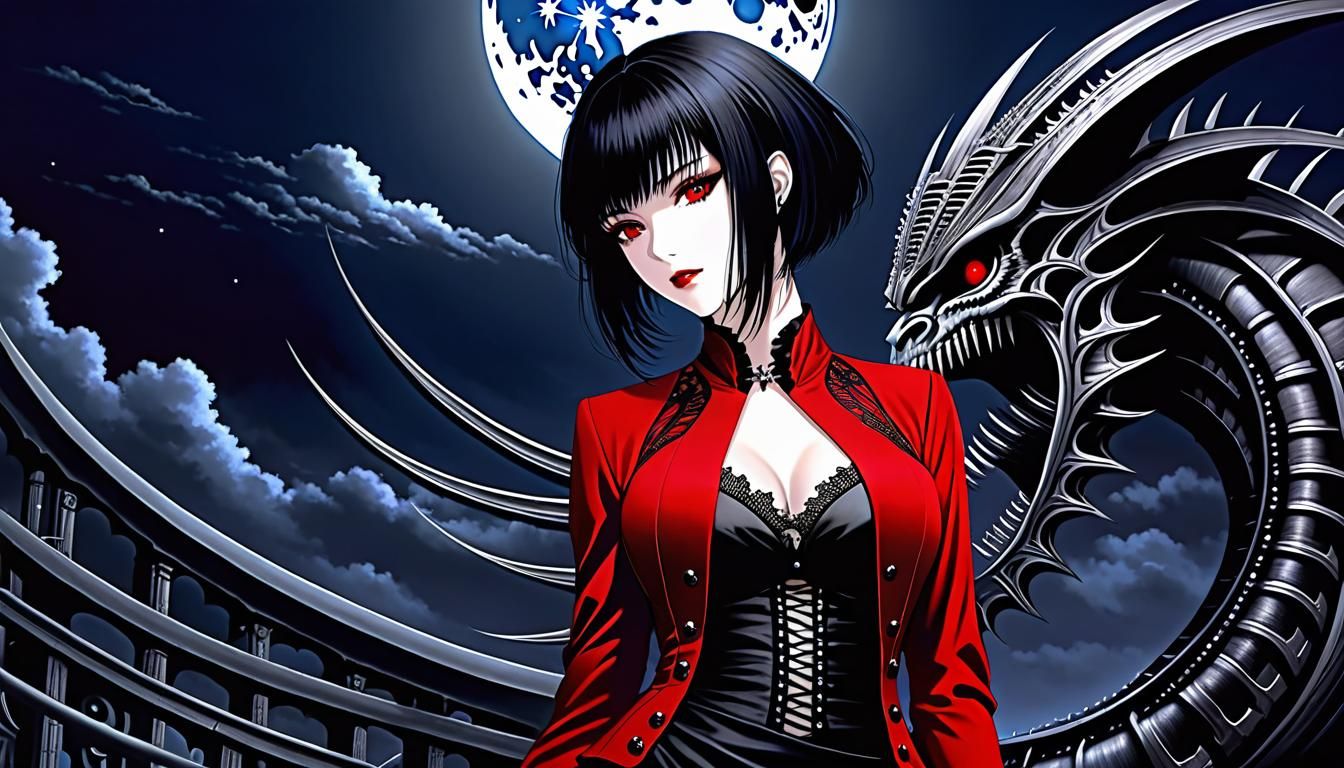 Elegant Gothic Girl in Moonlight Summer Scene