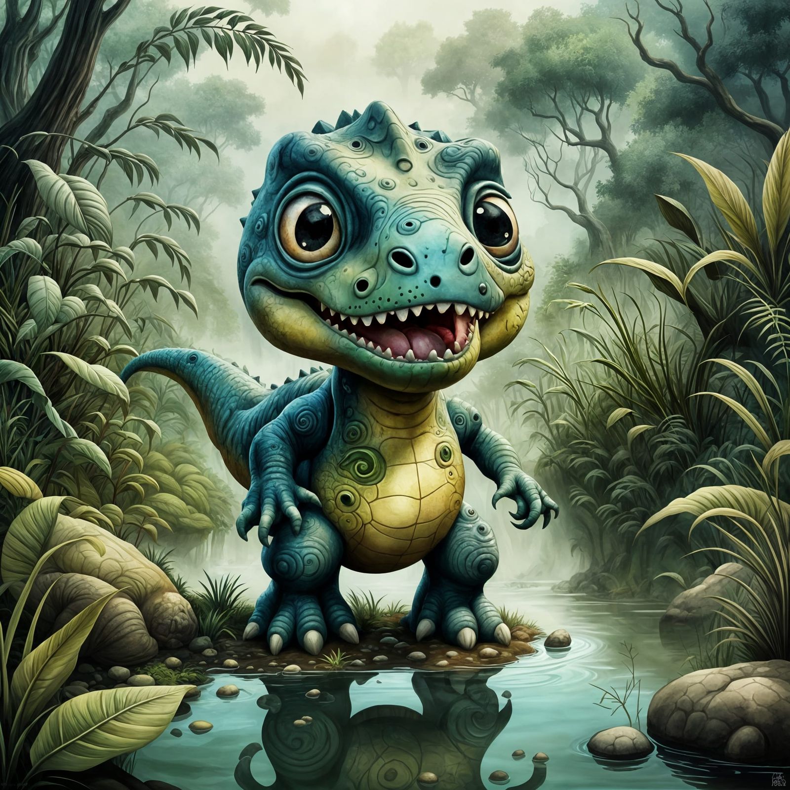 Whimsical Chibi Tyrant Amidst Lush Tropical Paradise