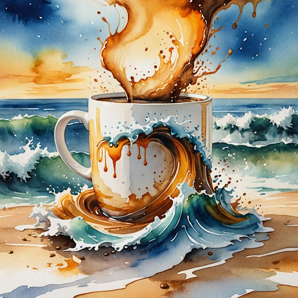 Vibrant Watercolor Coffee Seascape Illustration