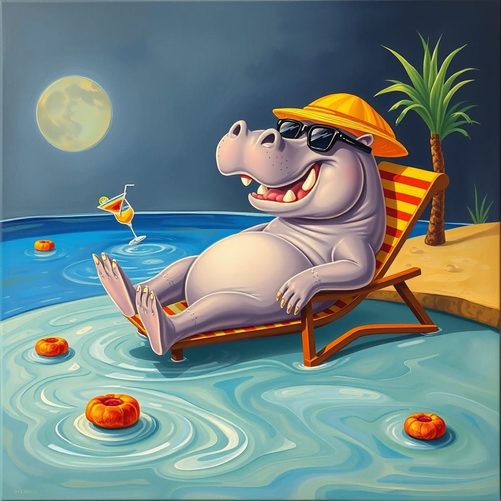 Surreal Hippo Relaxing by Pond in Cartoon Style