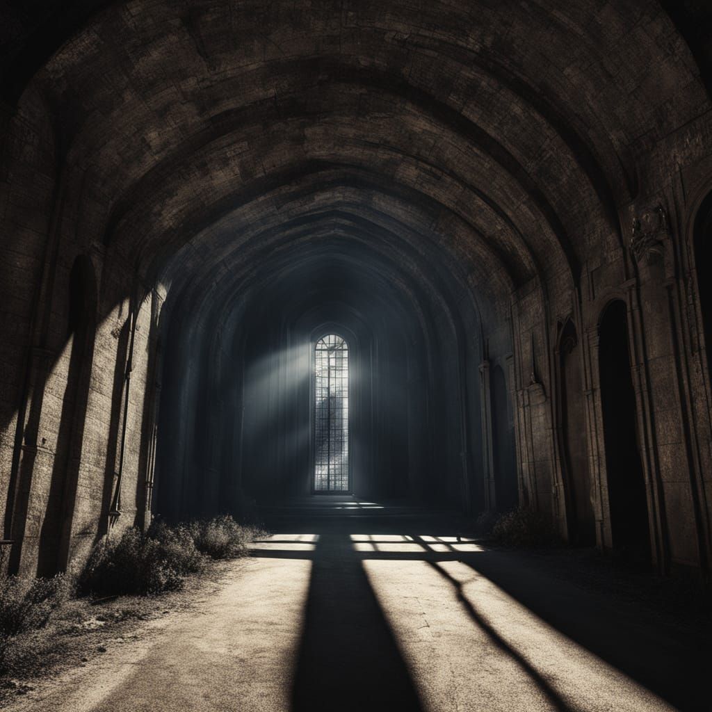 Surreal Dark Fantasy Tunnel Entrance in Stone with Glowing E...