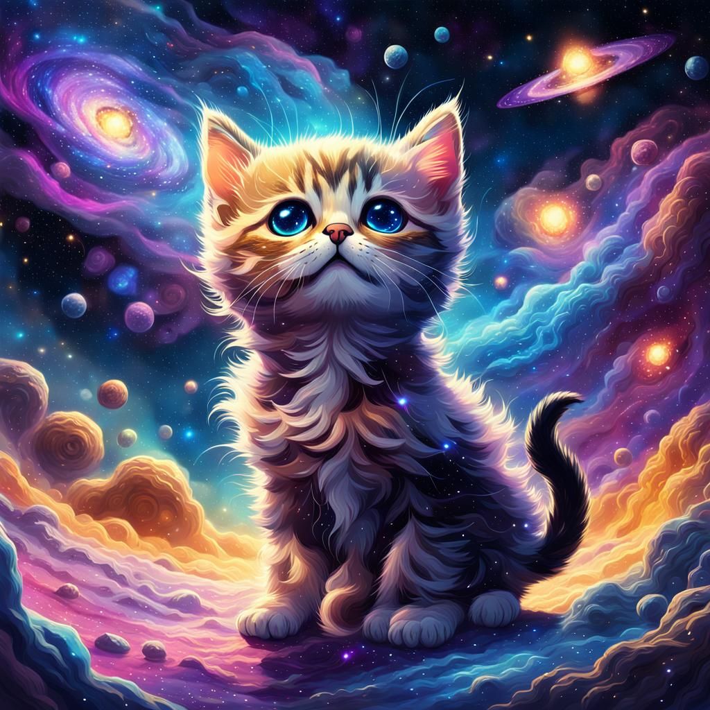 Kitten Explores Nebula in Sci-Fi Concept Art
