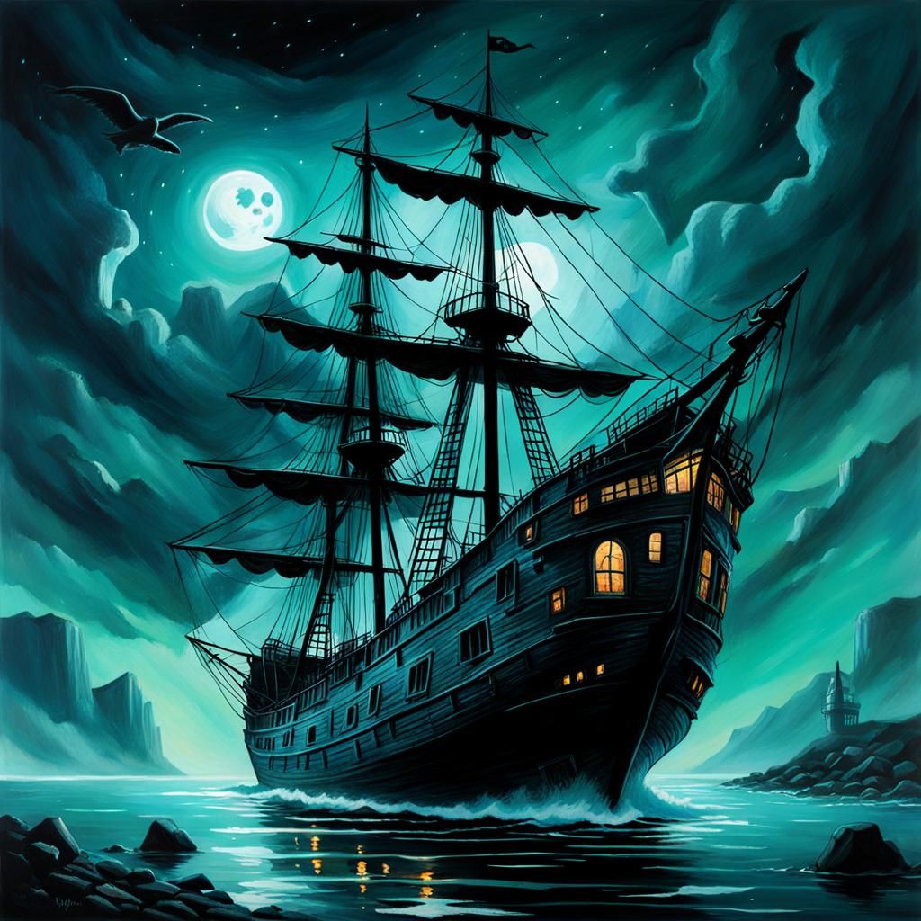 Ethereal Ghost Ship at Night